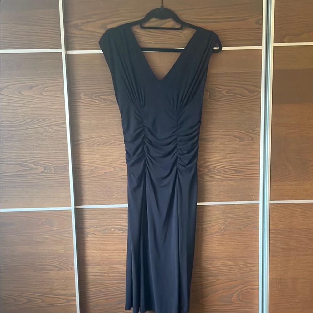Cabi Monroe Black V-Neck Rouched Dress.